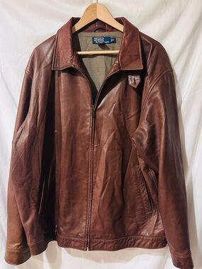 Polo by Ralph Lauren Men's Brown Leather Zip Jacket houndstooth lining size XL